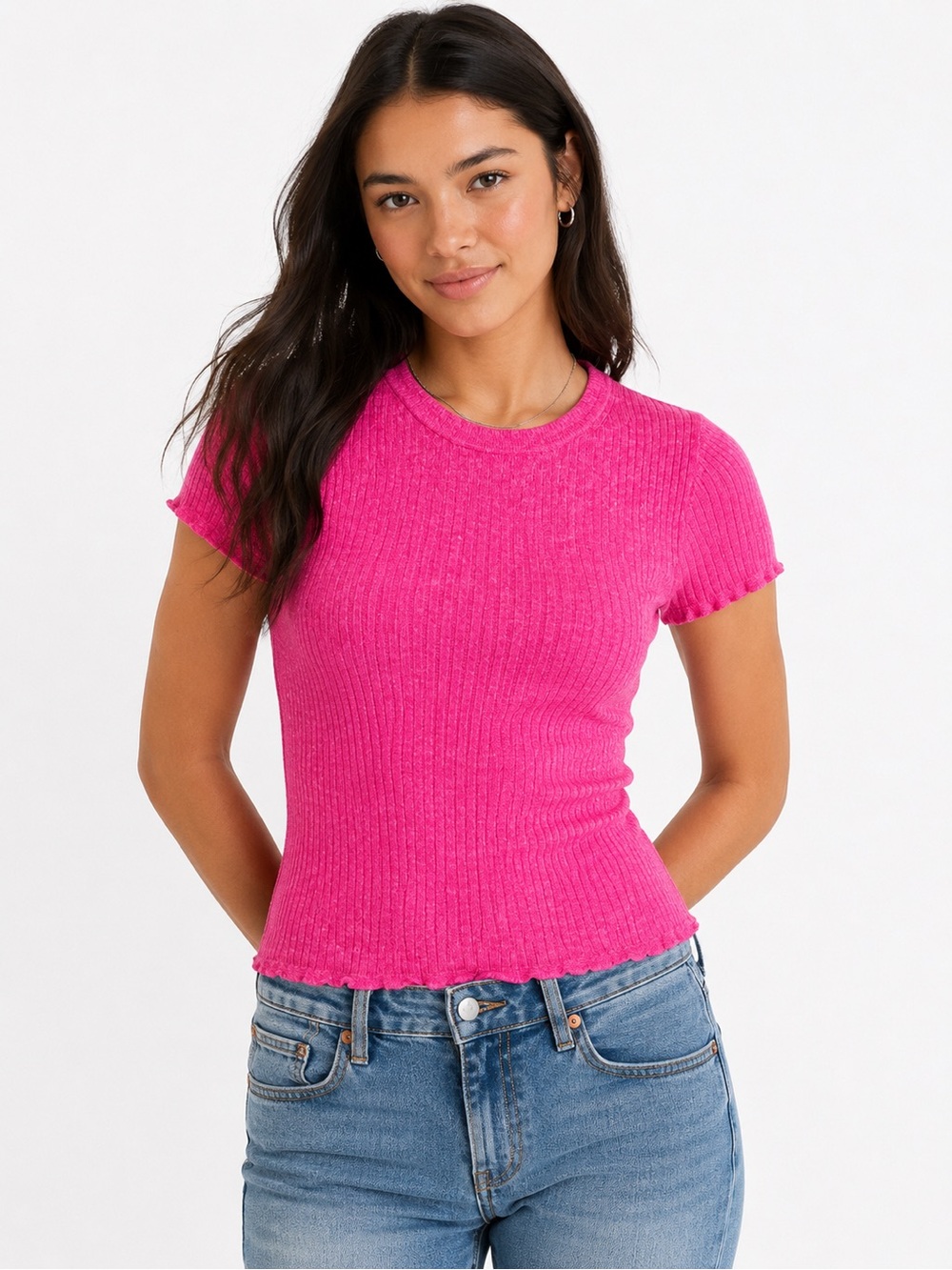 J. Crew Bright Fuchsia Rib-Knit Short Sleeve Tee